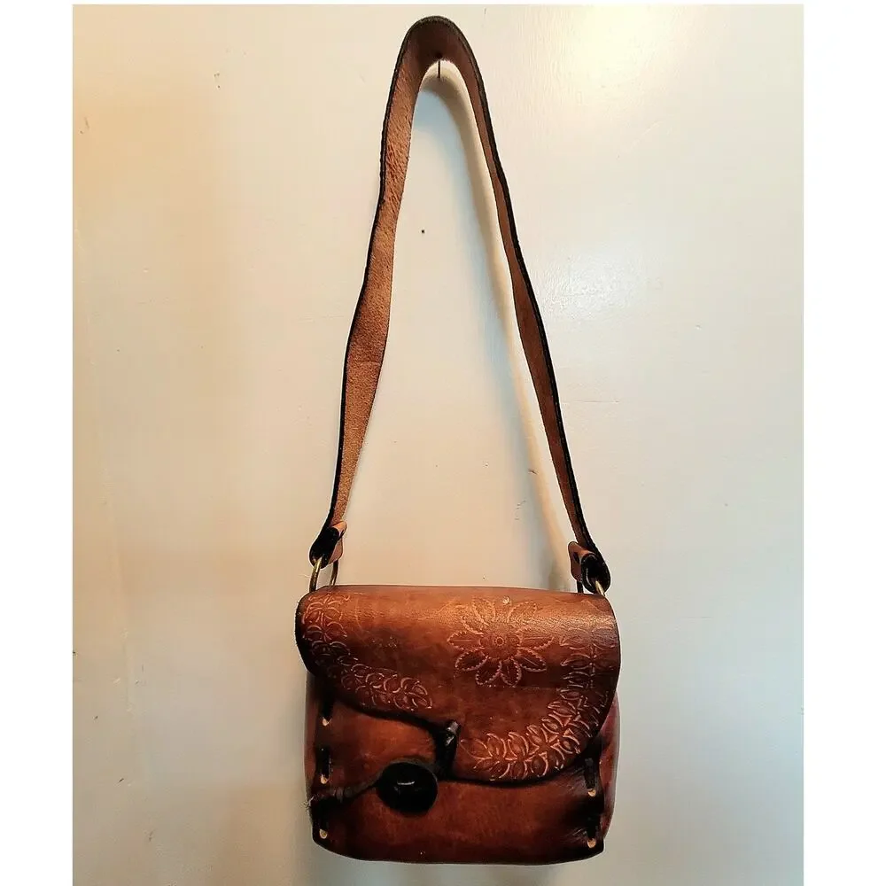 Seventies Tooled Leather Brown Shoulder Bag Boho Folk Charm Wanderer Retro Style